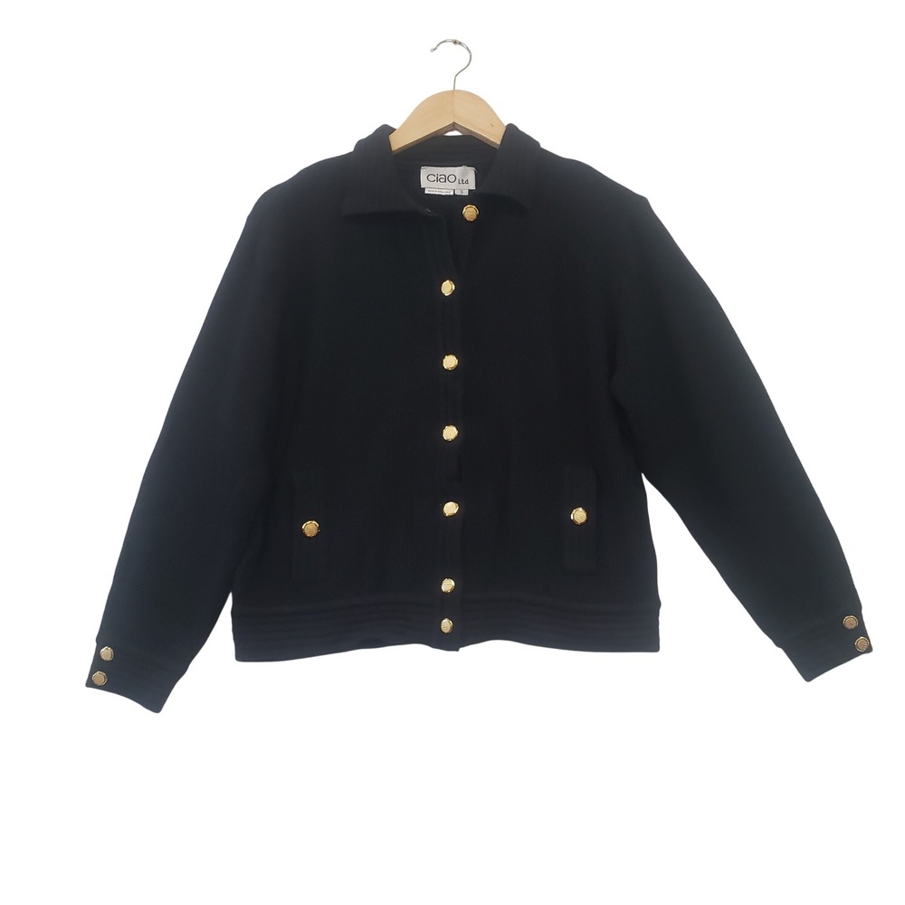 Vintage Cardigan Jacket Small Black Gold Button Knit Sweater Preppy Academia